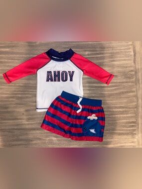 Baby Aspen Red & Blue 'Ahoy' Rash Guard Set with Whale Swim Shorts